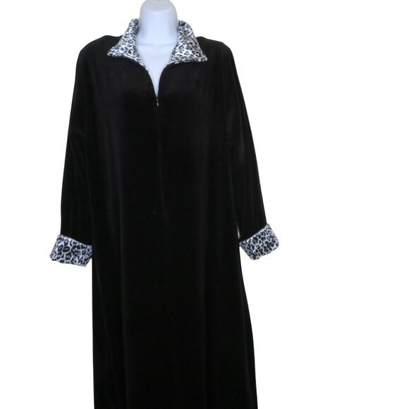 Vintage Neiman Marcus Black Velour Long Robe Leopard Print Collar Cuffs Zip L - Picture 3 of 12